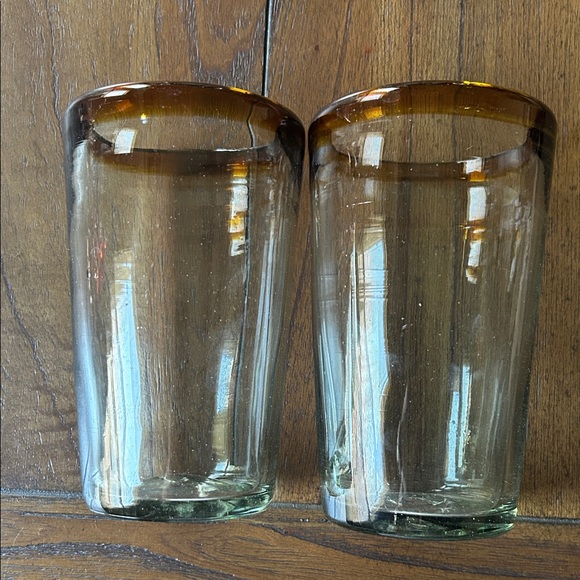 Recycled Hand Blown Glass Other - Pair (2) Amber Rim Mexican Hand Blown Recycled Glass 20 ounce Iced Tea Glasses